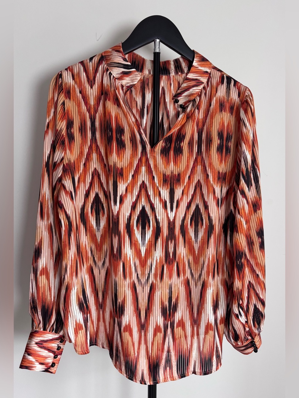 ESQUALO Rust Multi-Color Ikat Print Plisse’ Long-Sleeve Blouse | 6 | Boho | 70s